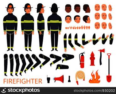 Fireman characters. Firefighter body parts and special uniform with professional tools combat fire extinguisher shovel axe vector. Illustration of firefighter constructor, professional uniform. Fireman characters. Firefighter body parts and special uniform with professional tools combat fire extinguisher shovel axe vector