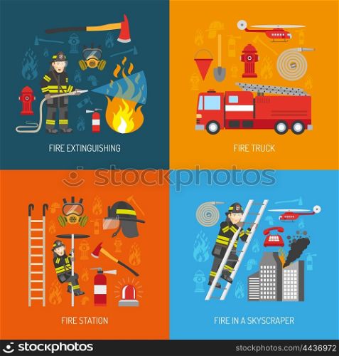 Fireman Concept 4 flat Icons Square. Firefighters work concept 4 flat icons square composition banner with fire station equipment abstract isolated vector illustration