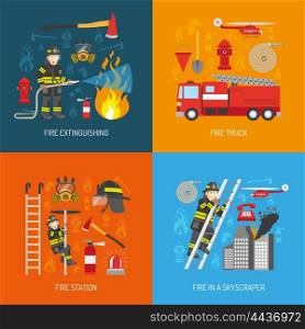 Fireman Concept 4 flat Icons Square. Firefighters work concept 4 flat icons square composition banner with fire station equipment abstract isolated vector illustration