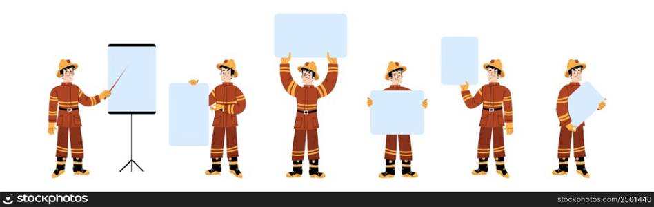 Fireman in helmet hold blank banners. Vector flat illustration of professional firefighter man in red protection costume with empty blue posters isolated on white background. Fireman in helmet hold blank banners
