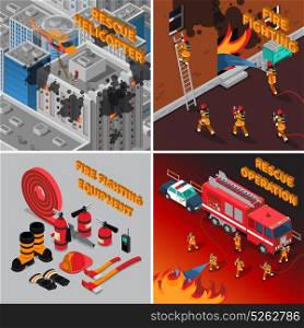 Fireman Isometric Concept. Fireman isometric concept with firefighter equipment and different kinds of rescue operations vector illustration