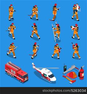 Fireman Isometric Set. Fireman isometric set of firefighters in different situations truck helicopter extinguisher axe hose helmet isolated vector illustration