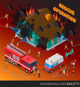 Fireman Isometric Template. Fireman isometric template with firefighters extinguishing burning house hose truck people and ambulance vector illustration