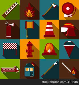 Fireman items icons set. Flat illustration of 16 fireman items vector icons for web. Fireman items icons set, flat style