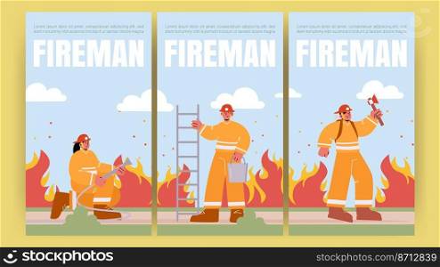 Fireman posters with fire brigade with water hose, ax and ladder. Vector banners with flat illustration of professional firefighters in helmet and safety costume. Fireman poster with fire brigade with extinguisher