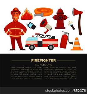 Fireman profession and fire secure protection poster of fire extinguishing equipment tools. Vector flat design of fire extinguisher, water hydrant and hose, alarm siren and axe. Fireman profession and fire secure protection poster of fire extinguishing equipment tools.