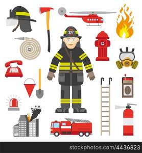 Fireman Professional Equipment Flat Icons Collection . Fireman equipment flat retro style icons collection with red pump and fire extinguisher abstract isolated vector illustration