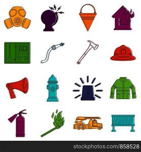 Fireman tools icons set. Doodle illustration of vector icons isolated on white background for any web design. Fireman tools icons doodle set