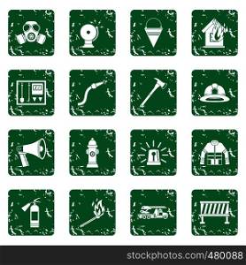 Fireman tools icons set in grunge style green isolated vector illustration. Fireman tools icons set grunge