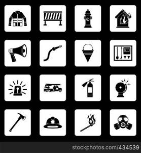 Fireman tools icons set in white squares on black background simple style vector illustration. Fireman tools icons set squares vector
