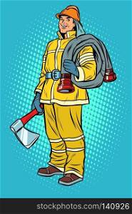 fireman with axe and hydrant. Pop art retro vector illustration vintage kitsch. fireman with axe and hydrant