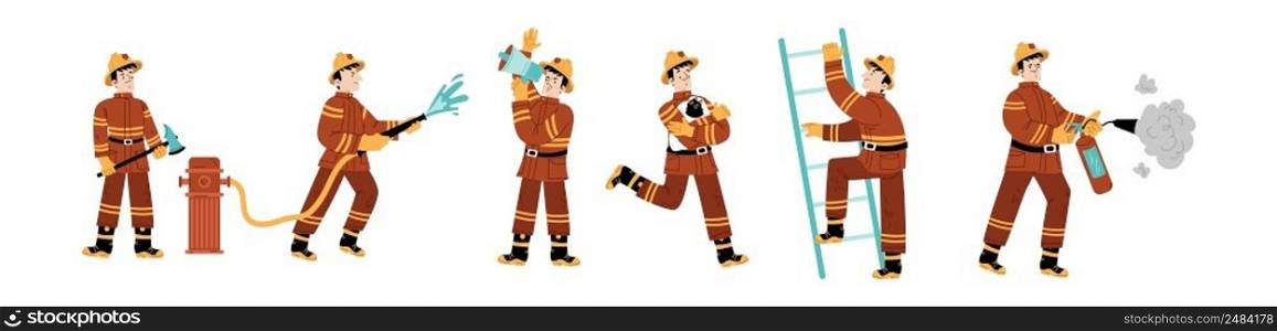 Fireman with extinguisher, hydrant, water hose, axe, ladder and megaphone. Vector flat illustration of professional firefighter man in red costume and helmet rescues cat. Fireman with extinguisher, hydrant, water hose, ax