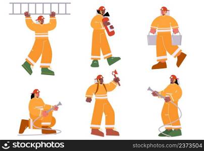Firemen brigade with extinguisher, water hose, ladder, ax and buckets. Vector flat illustration of group of men and women professional firefighters in helmet and safety costume. Firemen brigade with extinguisher, hose, ladder