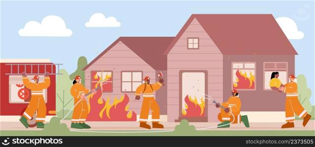 Firemen extinguish ignition and rescue girl from burning house. Vector cartoon illustration of firefighters brigade put out flame in building with hose water. Firemen extinguish ignition in house