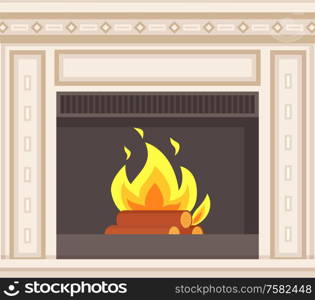 Fireplace closeup burning logs inside of stove vector. Hot fire flames and wooden material, bluestone classic decoration of home interior, marble frame. Fireplace Closeup Burning Logs Inside of Stove