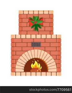Fireplace decorated with wreath and bows holiday vector. Redbricks indoor home interior with Christmas preparation, pine branches mistletoe leaves. Fireplace Decorated with Wreath and Bows Holiday