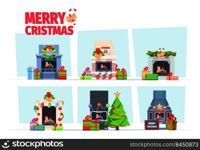 Fireplace decoration. Comfortable interior places with xmas socks winter celebration decoration garish vector flat colored illustrations of fireplaces. Interior fireplace for christmas, xmas comfort. Fireplace decoration. Comfortable interior places with xmas socks winter celebration decoration garish vector flat colored illustrations of fireplaces