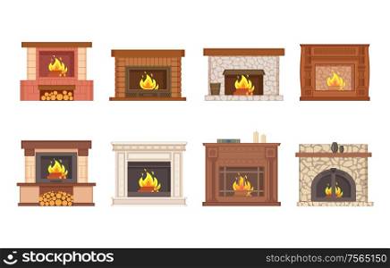 Fireplace home interior burning wood isolated icons set vector. Shelves with vase and decor, furnace made of stone and redbrick, stand and bucket. Fireplace Home Interior Burning Wood Icons Set