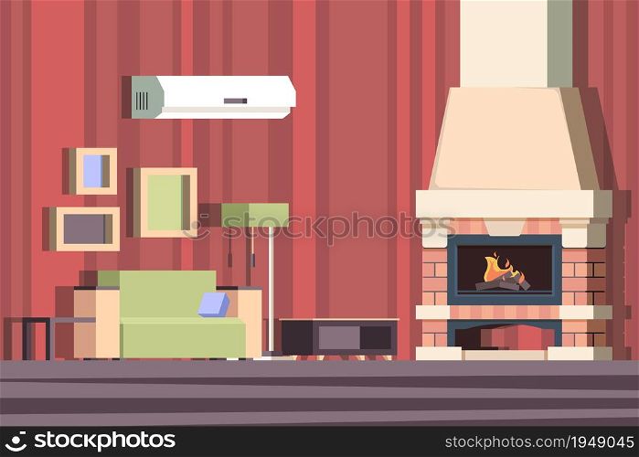 Fireplace in interior. Relax with sofa in room near decorated fireplace vector cartoon background. Illustration fireplace interior, firewood in room. Fireplace in interior. Relax with sofa in room near decorated fireplace vector cartoon background
