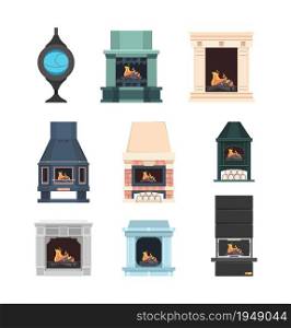 Fireplace. Interior decor electric fireplace from bricks beautiful flame in house relax place vector set. Illustration fireplace electric and burn firewood for interior. Fireplace. Interior decor electric fireplace from bricks beautiful flame in house relax place vector set