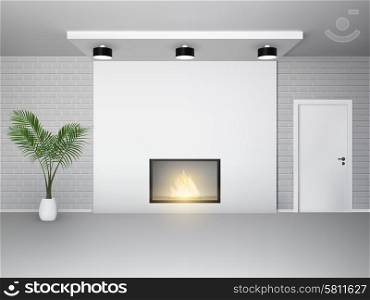 Fireplace interior with palm tree white door and brick wall vector illustration. Fireplace interior with palm