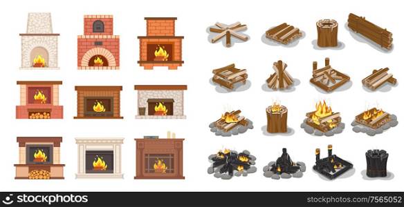 Fireplace isolated icons set logs wooden material vector. Furniture home decoration, stone and brick, ornaments and fire inside, burning wood beams. Fireplace Isolated Icons Set Logs Wooden Material