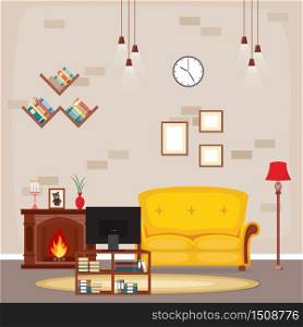 Fireplace Living Room Family House Interior Furniture Vector Illustration