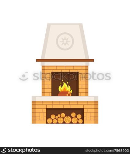 Fireplace made of brick construction with chimney vector. Pipe for vent of smoke, yellow structure with fire flames and logs in specially built storage. Fireplace Made of Brick Construction with Chimney