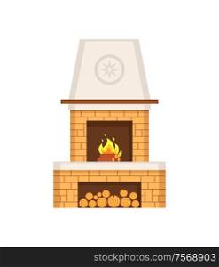 Fireplace made of brick construction with chimney vector. Pipe for vent of smoke, yellow structure with fire flames and logs in specially built storage. Fireplace Made of Brick Construction with Chimney
