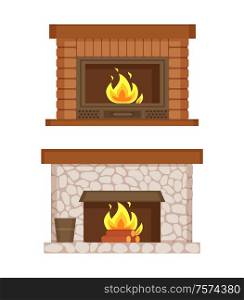 Fireplace made of bricks and stones interior set vector. Isolated icons, burning logs, bucket for ashes, construction for heating home, warming up. Fireplace Made of Bricks and Stones Interior Set