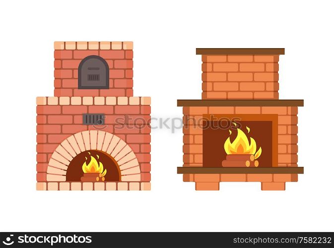 Fireplace made of bricks, redbrick furniture isolated icons set vector. Stove with metal doors burning logs, heating system of home, warming up in winter. Fireplace Made of Bricks, Redbrick Furniture Set