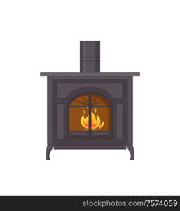Fireplace made of metallic material isolated icon vector. Special heating system of house, indoor decoration of home adding comfortable glowing flames. Fireplace Made of Metallic Material Isolated Icon