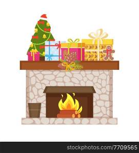 Fireplace made of stone, topped by wrapped presents and gift boxes, vector Christmas home decoration. Mantelpiece with burning fire and logs in flame, isolated. Fireplace Made of Stone Topped by Wrapped Presents