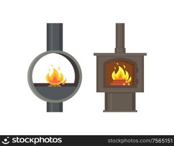 Fireplace old style stoves with burning logs set vector. Rounded metallic construction with fire, pipe ventilation. Home interior vintage furniture. Fireplace old Style Stoves with Burning Logs Set