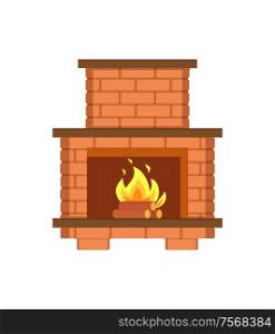 Fireplace paved with bricks shelf for items isolated icon vector. Redbrick construction, installed contemporary interior. Classical flames heating. Fireplace Paved with Bricks Shelf for Items Icon