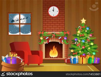 fireplace room decorate for Christmas night,vector illustration