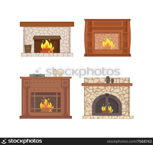 Fireplace with bucket and shelf for vase decor vector isolated icons set vector. Carved wooden ornaments on furnace, cage and stone pavement interior. Fireplace with Bucket and Shelf for Vase Decor