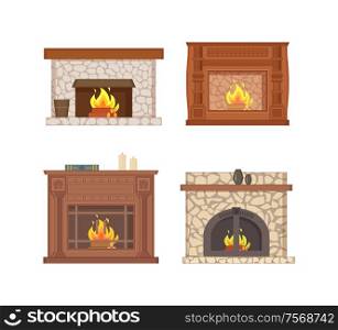 Fireplace with bucket and shelf for vase decor vector isolated icons set vector. Carved wooden ornaments on furnace, cage and stone pavement interior. Fireplace with Bucket and Shelf for Vase Decor