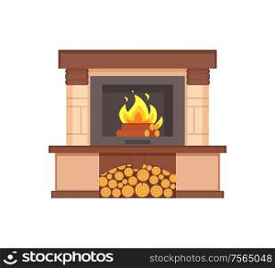 Fireplace with burning logs wooden fuel inside isolated icon vector. Container with wood branches of tree, contemporary interior furniture classic type. Fireplace with Burning Logs Wooden Fuel Inside