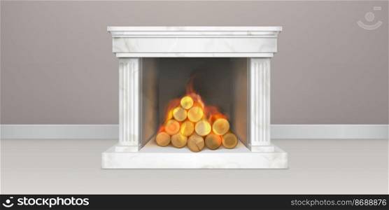 Fireplace with burning woods, white marble or gypsum chimney, classic fire place with flaming logs, home interior decor, vintage house design, cozy heating system, Realistic 3d vector illustration. Fireplace with burning woods, white chimney decor