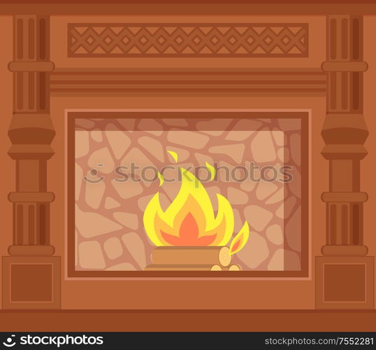 Fireplace with carved wooden decoration of sides vector. Closeup of wood logs in fire, flames in furnace with stone paved backing heating house system. Fireplace with Carved Wooden Decoration of Sides