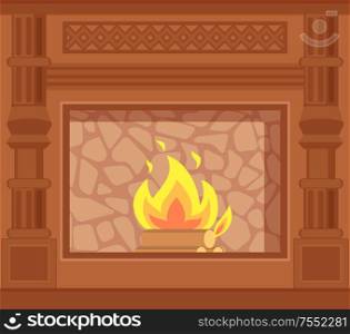 Fireplace with carved wooden decoration of sides vector. Closeup of wood logs in fire, flames in furnace with stone paved backing heating house system. Fireplace with Carved Wooden Decoration of Sides