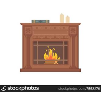Fireplace with decorative vases and ornaments isolated icon vector. Wooden material in fire, burning logs, ornamental decor and care frame flames. Fireplace with Decorative Vases and Ornaments