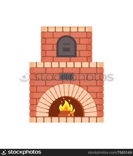 Fireplace with fire burning inside isolated icon vector. Decoration of home interior and furniture helping to warm up in winter, wooden fuel flame. Fireplace with Fire Burning Inside Isolated Icon