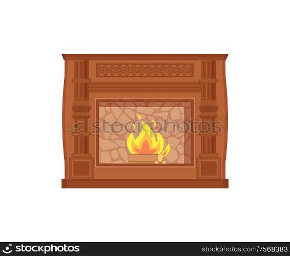 Fireplace with fire heating decoration of home vector. Isolated icon of decor of house, paved with stone, flames and burning wooden material inside. Fireplace with Fire Heating Decoration of Home