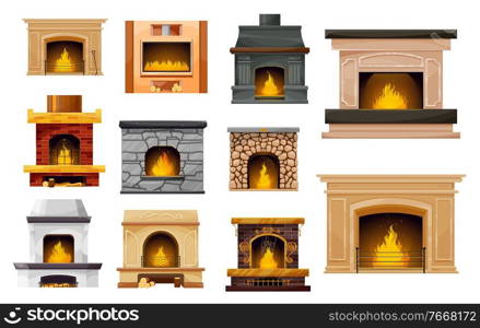 Fireplace with fire isolated vector icons of home and room interior design. Cartoon brick and stone fireplaces with wood burning, electric and gas powered stoves, metal grates, rakes and wood logs. Fireplace and fire isolated icons, interior design