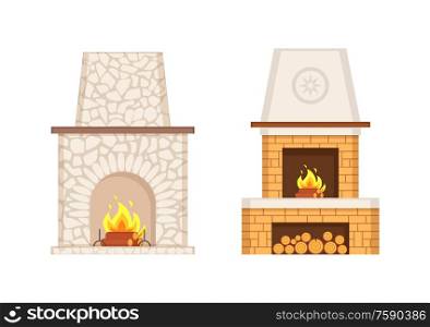 Fireplace with flames and burning logs icons set vector. Stone and brick pavement of furnace, prolonged chimney type, storage for wooden branches. Fireplace with Flames and Burning Logs Icons Set