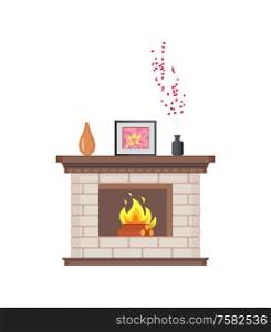 Fireplace with framed photo on wooden shelf isolated icon vector. Decoration of home, flowers and floral decor places in vase. Picture and flowers. Fireplace with Framed Photo on Wooden Shelf Icon