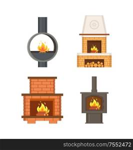 Fireplace with logs and fire flames isolated icons set vector. Contemporary home interior, stove made of metal and bricks, with chimney ventilation. Fireplace with Logs and Fire Flames Isolated Set