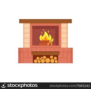 Fireplace with logs in special container isolated icon vector. Fire with burning wooden material, branches in flame. Furniture interior of house decor. Fireplace with Logs in Special Container Icon